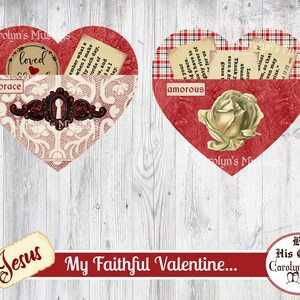 May include: Two red heart-shaped cards with lace and plaid patterns. The left card has a keyhole and the text "embrace" and "loved". The right card has a white rose and the text "amorous". The cards are on a white wood background with the text "Jesus My Faithful Valentine... By His Grace Carolyn's Musings".