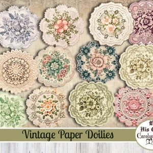 May include: Ten vintage paper doilies with floral designs in various colors, including pink, blue, green, and white. The doilies are arranged in a circle on a woodgrain background. The text "Vintage Paper Doilies" is at the bottom of the image, and the text "By His Grace Carolyn's Musings" is at the bottom right.
