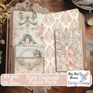 Kit numérique de journal indésirable de style victorien | Papiers damassés roses| Remplisseur vintage| Scrapbooking| Téléchargement numérique | Les rêveries de Carolyn,