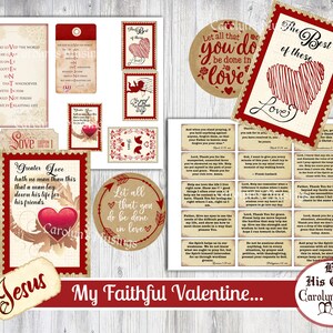 May include: Printable Valentine's Day cards with a vintage aesthetic. The cards feature red hearts, floral designs, and scripture verses about love. The text on the cards includes "Greater Love hath no man than this that a man lay down his life for his friends", "Let all that you do be done in love", and "The Best of these Love".