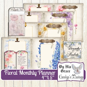 Floral Journal Maandelijkse Planner 4"X5" inch Junk Journal Planner KJV Schrift Floral Gebedskaarten, Schriftcadeau, Maandelijkse Planner, Afdrukbaar