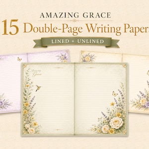 May include: Four double-page writing papers with floral and butterfly designs. The papers are lined and unlined, with a cream-colored background. The text at the top reads "AMAZING GRACE" and "15 Double-Page Writing Papers".