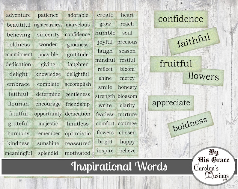 Op de afbeelding: Een set groene en witte inspirerende woordkaarten met een houtnerf achtergrond. De woorden omvatten "vertrouwen", "trouw", "vruchtbaar", "bloemen", "waarderen", "moed" en "inspirerende woorden".