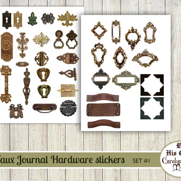 Faux Junk Journal Hardware Stickers, Cabinet handles, hinges, drawer pulls, name plates, photo corner mounts, and more.