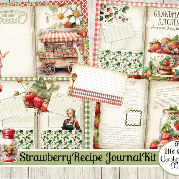 Vintage Summer Strawberry Recipe Junk Journal Kit, Strawberry, Recipe Book, Fruit, Summer, Red, Grandmother's Kitchen, Digital Download