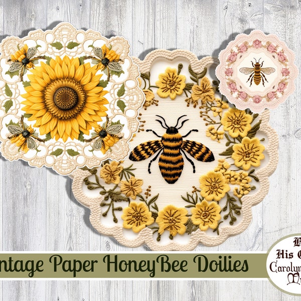 Fussy Cut, Vintage, Bee Doilies, Vintage Lace, flowers, bee, Doily, Junk Journal, Scrapbooking Ephemera, Digital Download, printable