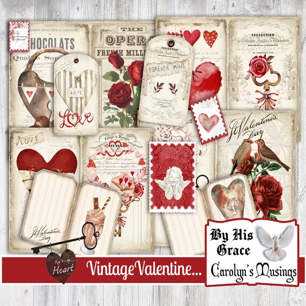 Printable Valentine's Day Junk Journal Romance Kit, Vintage, Romantic, Postcards, Envelopes, Pockets, Tags, Digital Download