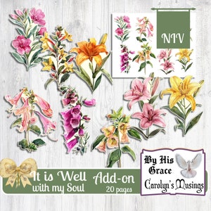 Puede incluir: Un paquete digital imprimible de 20 p&aacute;ginas con ilustraciones florales y el texto "It is Well with my Soul" y "By His Grace Carolyn's Musings".