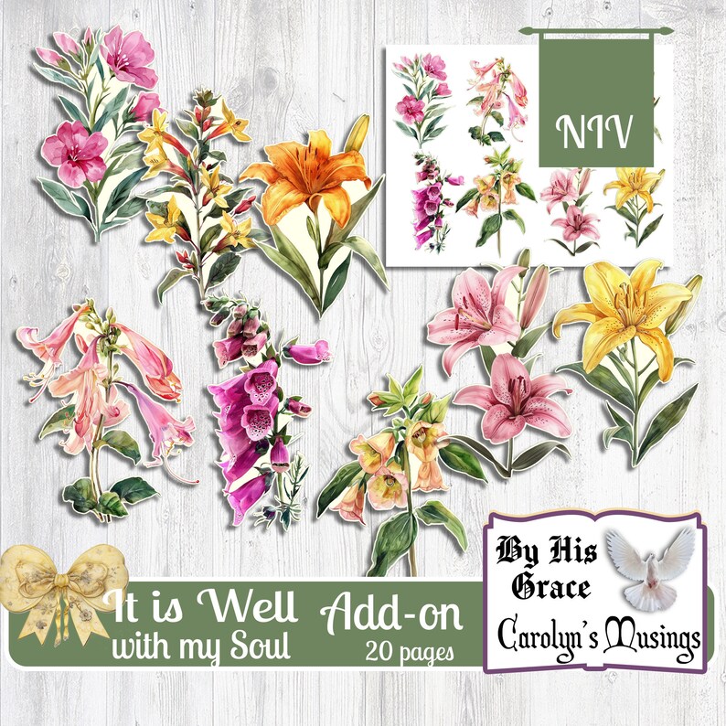 Puede incluir: Un paquete digital imprimible de 20 p&aacute;ginas con ilustraciones florales y el texto "It is Well with my Soul" y "By His Grace Carolyn's Musings".