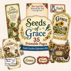 Seeds of Faith クリスチャンエフェメラキット、印刷可能なサンボンネットガールガーデンジャーナルカードとラベル