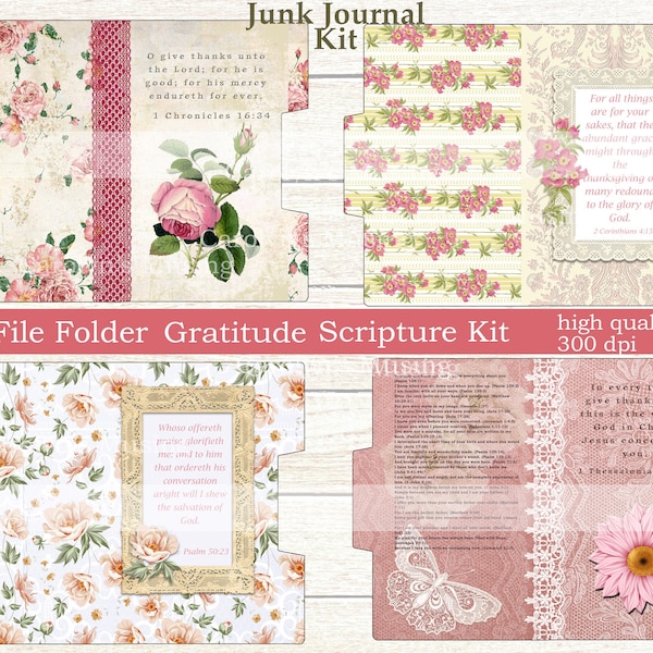 Gratitude, Junk Journal, Scripture, File Folder, Printable Journal Kit, Junk Journal Digital Kit, Scripture Ephemera File Folder, Paper