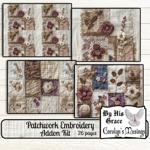May include: Patchwork embroidery addon kit with 26 pages. The kit features a variety of floral designs in shades of brown, beige, and purple. The text "By His Grace" and "Carolyn's Musings" is visible on the cover.