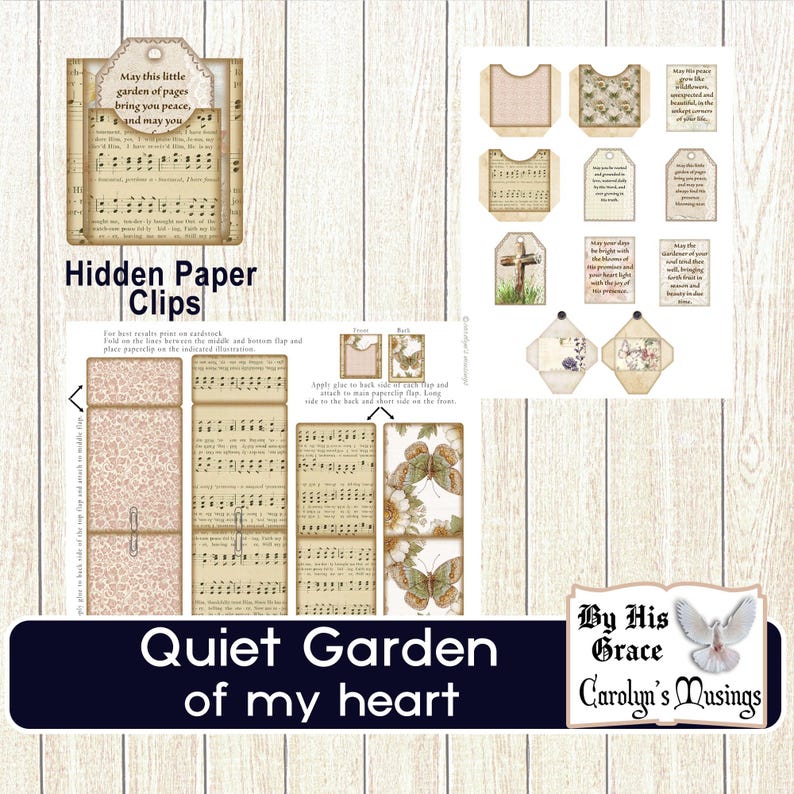 May include: A collection of paper ephemera with a vintage aesthetic. The set includes tags, pockets, and hidden paper clips, all featuring musical notes, floral patterns, and inspirational quotes. The words "Quiet Garden of my heart" are visible.