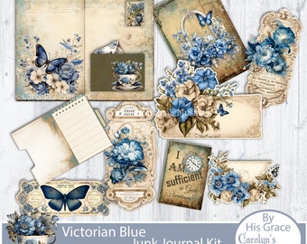 ビクトリアンブルーのジャンクジャーナルキット：印刷可能なエフェメラ