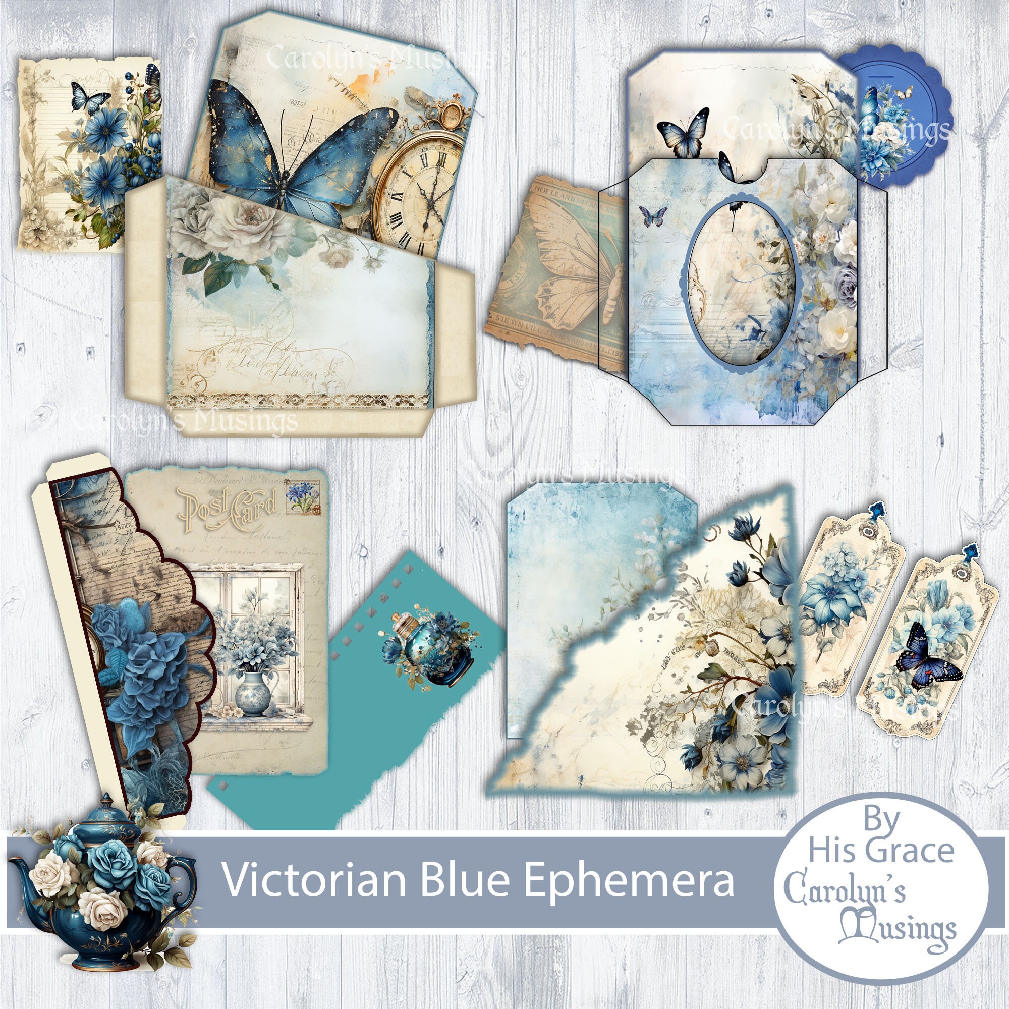 Victorian Blue Junk Journal Ephemera Addon: Printable Paper (digital ...