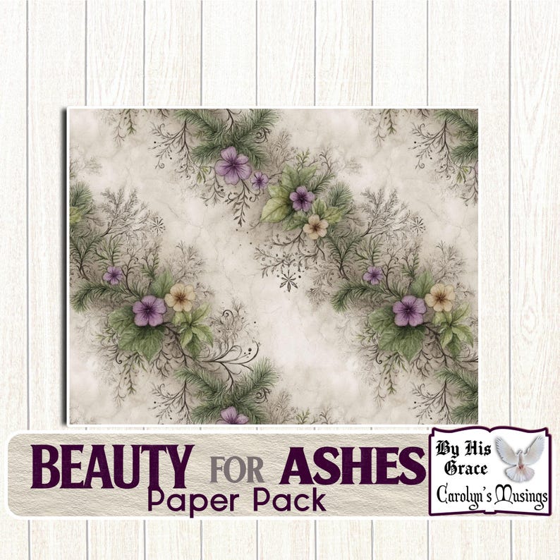 May include: A paper pack with a floral design featuring purple and yellow flowers, green leaves, and delicate branches. The text "BEAUTY FOR ASHES Paper Pack" is displayed in a banner at the bottom.