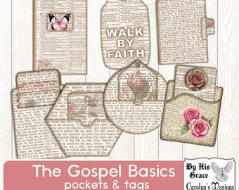 May include: A collection of paper pockets and tags with a vintage aesthetic. The designs feature floral accents, butterfly illustrations, and text from a book. The phrase "Walk by Faith" is visible on one tag. The text "The Gospel Basics pockets & tags" is also visible.