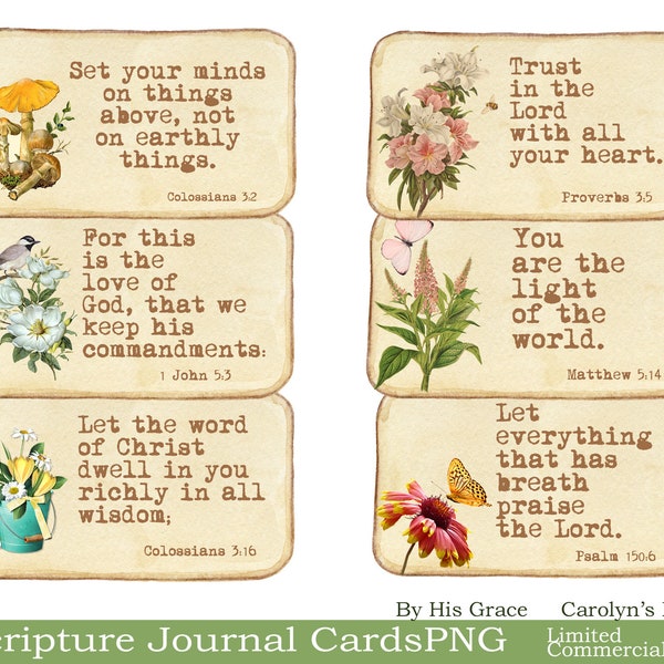 16 Scripture Botanical Journaling Cards, Junk Journal Printable, Scrapbook Supplies, Vintage Ephemera, Scriptures, Prayer, PNG