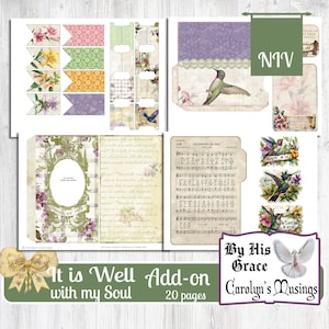 Puede incluir: Un kit de scrapbooking digital imprimible con un tema floral vintage. El kit incluye 20 p&aacute;ginas con im&aacute;genes de flores, p&aacute;jaros y m&uacute;sica. El texto "It is Well with my Soul" y "By His Grace" est&aacute;n incluidos en el dise&ntilde;o.