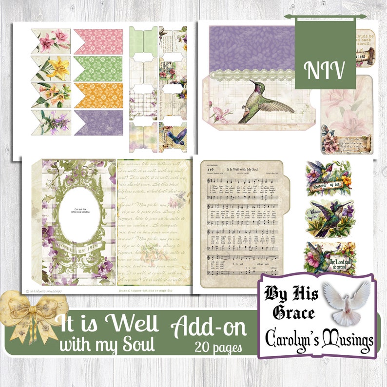 Puede incluir: Un kit de scrapbooking digital imprimible con un tema floral vintage. El kit incluye 20 p&aacute;ginas con im&aacute;genes de flores, p&aacute;jaros y m&uacute;sica. El texto "It is Well with my Soul" y "By His Grace" est&aacute;n incluidos en el dise&ntilde;o.