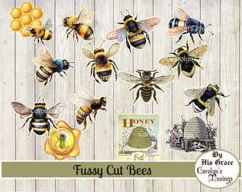 May include: A collection of fussy cut bee illustrations, including a honeycomb, a beehive, and a jar of honey. The bees are depicted in various poses, with some flying and others perched on flowers. The illustrations are in a vintage style, with a watercolor-like effect.