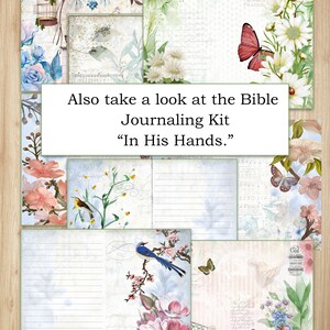 May include: A Bible journaling kit with the title "In His Hands." The kit includes several pages with lined paper and floral designs, including butterflies, birds, and flowers.