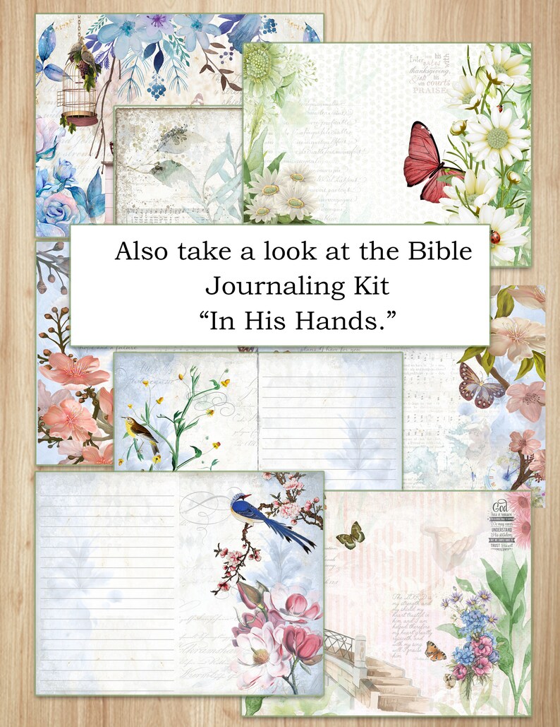 May include: A Bible journaling kit with the title "In His Hands." The kit includes several pages with lined paper and floral designs, including butterflies, birds, and flowers.