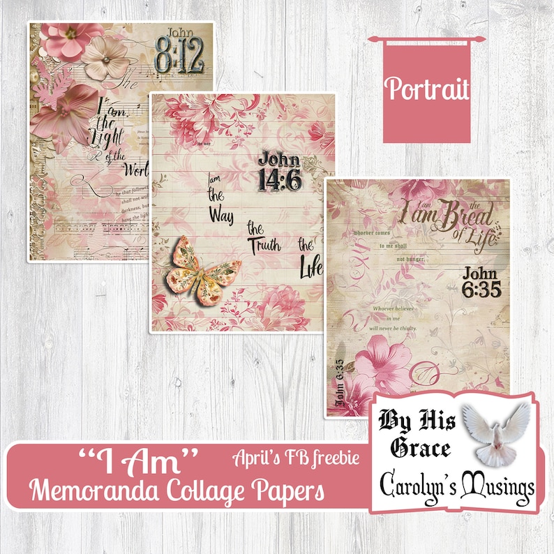 May include: Three digital collage papers with a pink floral design and scripture verses from the Bible. The verses are John 8:12, John 14:6, and John 6:35. The papers are labeled "I Am" Memoranda Collage Papers, April's FB freebie, By His Grace, Carolyn's Musings.