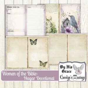 May include: A printable devotional journal with a vintage aesthetic. The cover features a light purple background with the text "Women of the Bible: Hagar Devotional" and a dove with a banner that reads "By His Grace, Carolyn's Musings".