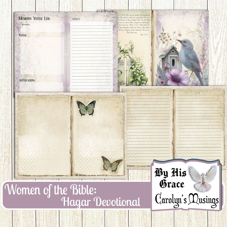 May include: A printable devotional journal with a vintage aesthetic. The cover features a light purple background with the text "Women of the Bible: Hagar Devotional" and a dove with a banner that reads "By His Grace, Carolyn's Musings".