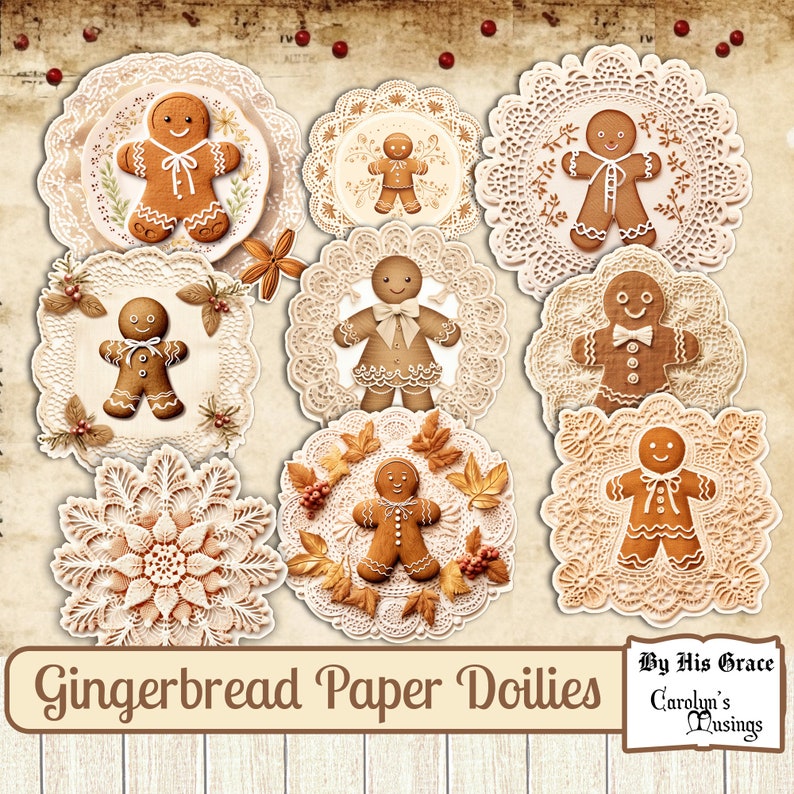 May include: Nine gingerbread man paper doilies with intricate lace designs. Each doily features a gingerbread man with a different pose and expression. The doilies are perfect for adding a festive touch to your holiday decor.