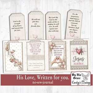 Printable Christian journal elements with scripture quotes and vintage lace design. Printable no-sew Christian journal kit with scripture verses and vintage aesthetic. Enhance faith journaling with printable scripture cards and devotionals.