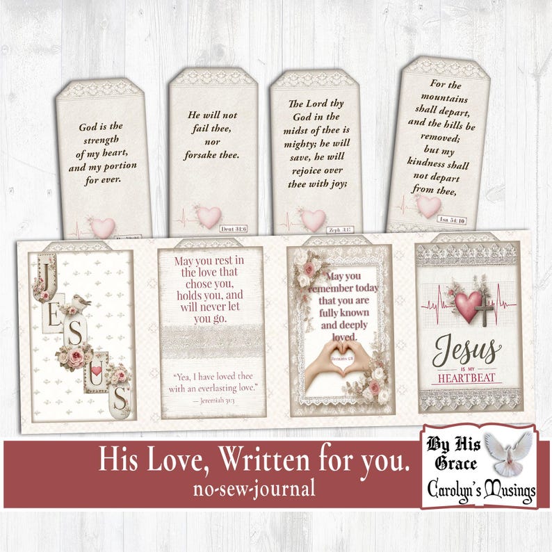 Printable Christian journal elements with scripture quotes and vintage lace design. Printable no-sew Christian journal kit with scripture verses and vintage aesthetic. Enhance faith journaling with printable scripture cards and devotionals.