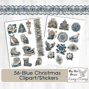 Peut inclure: Ensemble de 56 cliparts et autocollants de Noël bleus. L'image présente diverses illustrations, notamment des hiboux, des patins à glace, un traîneau, des églises et des motifs floraux. Le texte "56-Blue Christmas Clipart/Stickers" est affiché en bas.