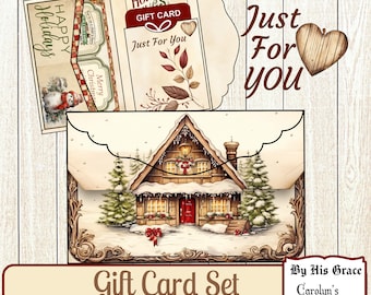 May include: A printable gift card set with a wintery cabin scene. The set includes a gift card holder, a gift card, and a small envelope. The text on the gift card holder reads "Holiday Wishes" and "Just For You". The text on the gift card reads "Happy Holidays". The text on the envelope reads "Merry Christmas". The text on the bottom of the image reads "Gift Card Set" and "By His Grace Carolyn's Musings".