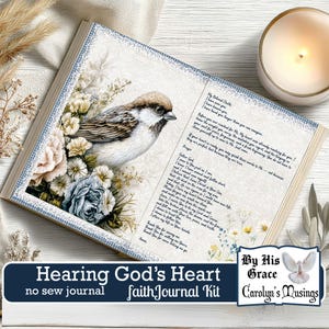 Open faith journal featuring a sparrow and floral design, emphasizing spiritual growth and healing. Faith journal kit with scripture, bird illustration, and botanical theme for spiritual reflection. Promotes peaceful reflection and spiritual growth through a beautifully illustrated journal.