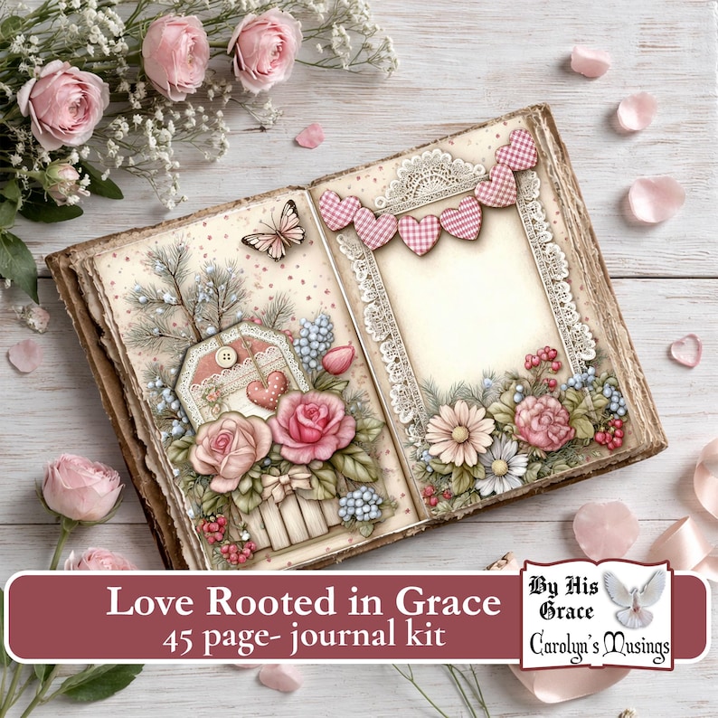 Open faith journal page with floral and butterfly illustrations. The journal features a decorative frame, a banner of hearts, and the text "Love Rooted in Grace 45 page- journal kit". The journal is surrounded by pink roses and other flowers.