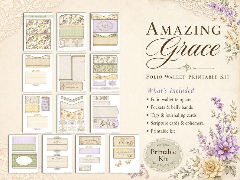 Christian folio wallet printable showing interactive pockets, layered flaps, tuck spots, journaling cards, and handmade journal elements.