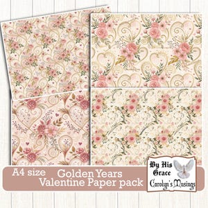 Paquete de papel para diario basura de San Valentín / Rosas vintage / Corazones rosas para álbumes de recortes / Descarga digital en tamaño A4 / Papeles pastel / Carolyns Musings