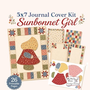 Pode incluir: Um kit de capa de diário 5x7 com designs Sunbonnet Girl e 26 páginas imprimíveis. O kit inclui vários papéis estampados com motivos florais, xadrez e estrelas em vermelho, azul e verde, além de formas recortadas para projetos de artesanato.