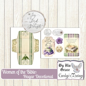 May include: A printable devotional for women featuring Hagar from the Bible. The printable includes a quote about God's grace, a quote about God's ways being better than our ways, and a quote about God seeing the storm from the other side. The printable also includes a decorative envelope with a floral design and a dove.