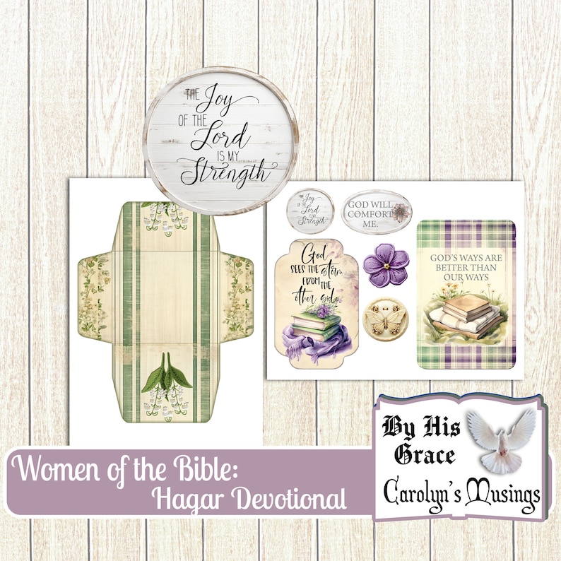 May include: A printable devotional for women featuring Hagar from the Bible. The printable includes a quote about God's grace, a quote about God's ways being better than our ways, and a quote about God seeing the storm from the other side. The printable also includes a decorative envelope with a floral design and a dove.