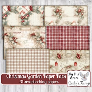 May include: A digital paper pack containing 31 Christmas themed scrapbook papers. The papers feature a variety of patterns, including plaid, gingham, and floral designs. The papers are ideal for creating cards, scrapbook pages, and other craft projects.