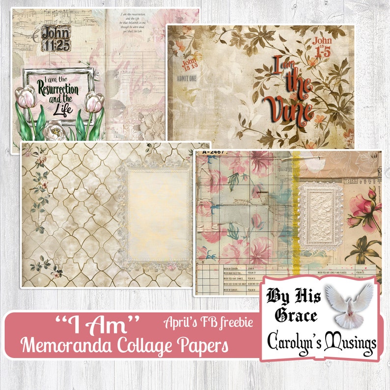 May include: A collage sheet with a vintage aesthetic featuring floral patterns, script text, and a grid pattern. The text includes "John 11:25", "I am the Resurrection and the Life", "John 1-5", "I am the Vine", "By His Grace", and "Carolyn's Musings".