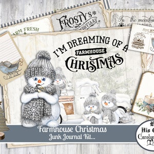 Junk Journal, Kerst op de boerderij, Vintage Kerstmis, Collagebladen, Digitale download, Afdrukbaar papier, Dagboekpagina's, Kaarten maken