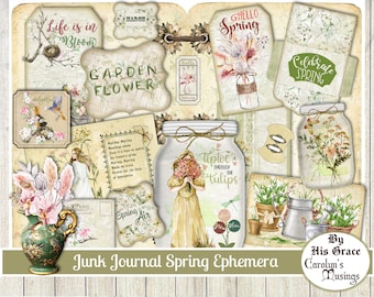 May include: A collection of digital scrapbook paper featuring spring-themed images and text. The papers include images of flowers, jars, birds, and text such as "Life is in Bloom", "Garden Flower", "Hello Spring", "Celebrate Spring", and "Tiptoe Through the Tulips".