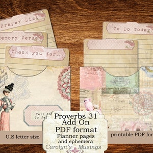 Puede incluir: Páginas de planificador PDF imprimibles con una estética vintage. Las páginas presentan un diseño floral con un esquema de color rosa y blanco. El texto "Proverbs 31 Add On PDF format Planner pages and ephemera Carolyn's Musings" está impreso en las páginas. Las páginas están diseñadas para su uso con papel de tamaño carta estándar.