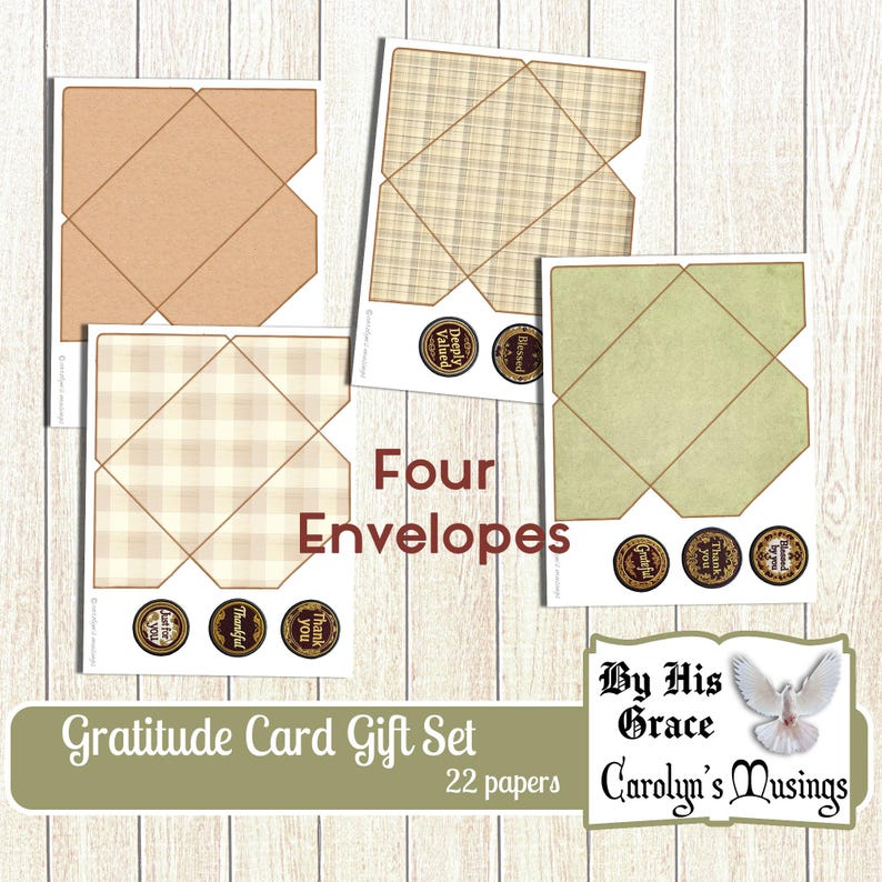 K&ouml;nnte beinhalten: Ein Dankeskarten-Geschenkset mit vier Umschl&auml;gen in verschiedenen Mustern, darunter Karomuster und unifarbene Designs. Das Set enth&auml;lt 22 Papiere und runde Aufkleber mit Aufschriften wie "Danke" und "Sehr gesch&auml;tzt."