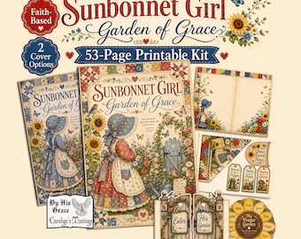 Sunbonnet Girl Garden of Grace Printable Junk Journal Kit Christian Cottage Ephemera Papers Pockets