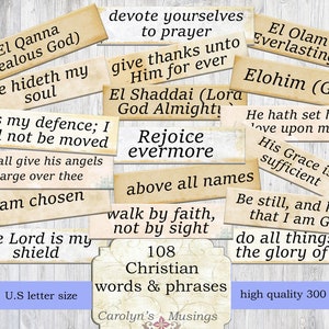 Christian Words and Phrases, printable Prayer Journal Ephemera with Inspirational Words